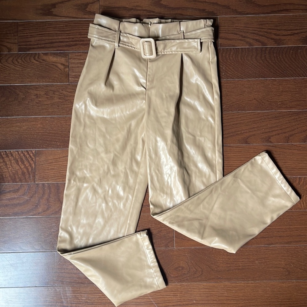 Tan Faux Leather Pants with Belt